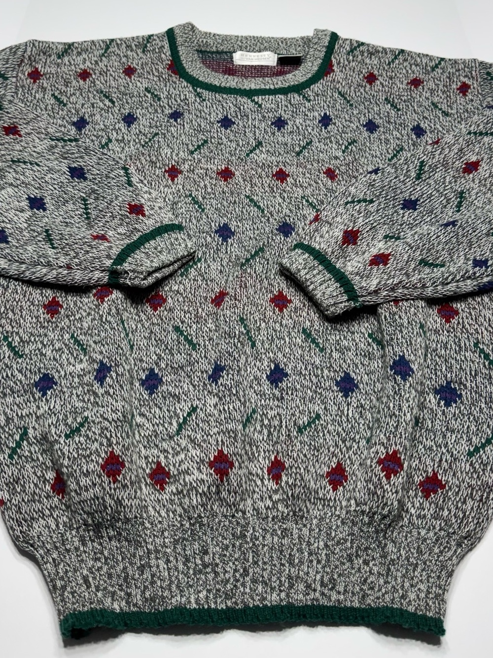 Van Heusen Gray Marled Crewneck Sweater with Green Trim and Red & Blue Motifs